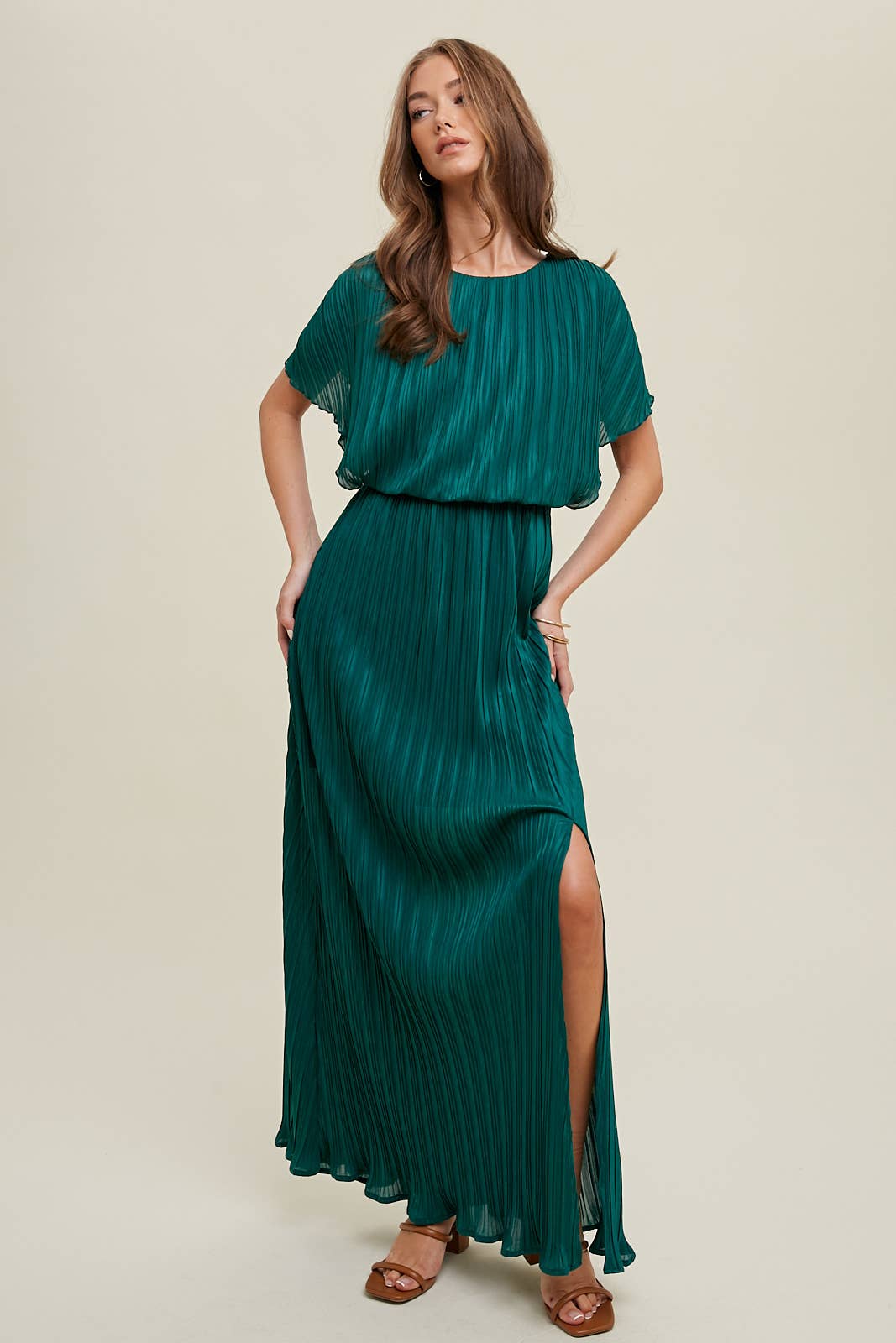 chinese dress ladies Bardot Pleated Maxi Dress - Emerald Green main image 1